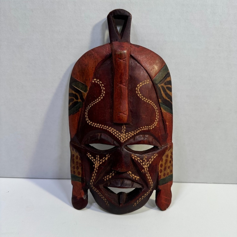 African Maasai Red Brown Carved Wooden Wall Mask Vintage Kenya Decor